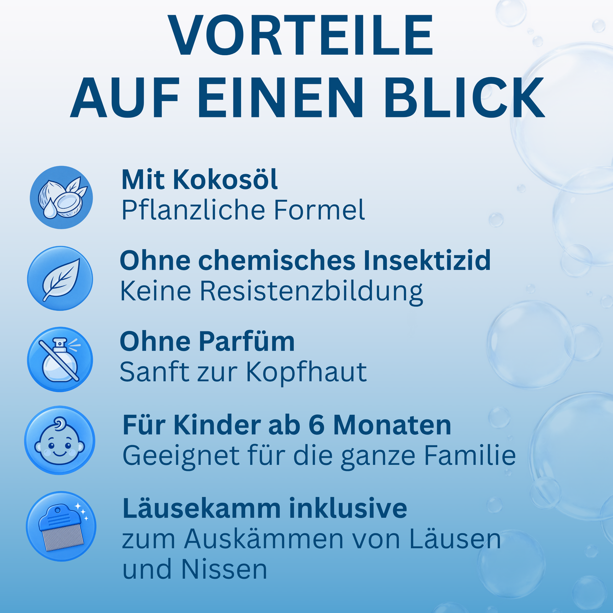 Vorteile des Shampoos mit Symbolen werden dargestellt. 
