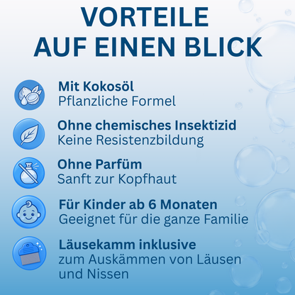 Vorteile des Shampoos mit Symbolen werden dargestellt. 