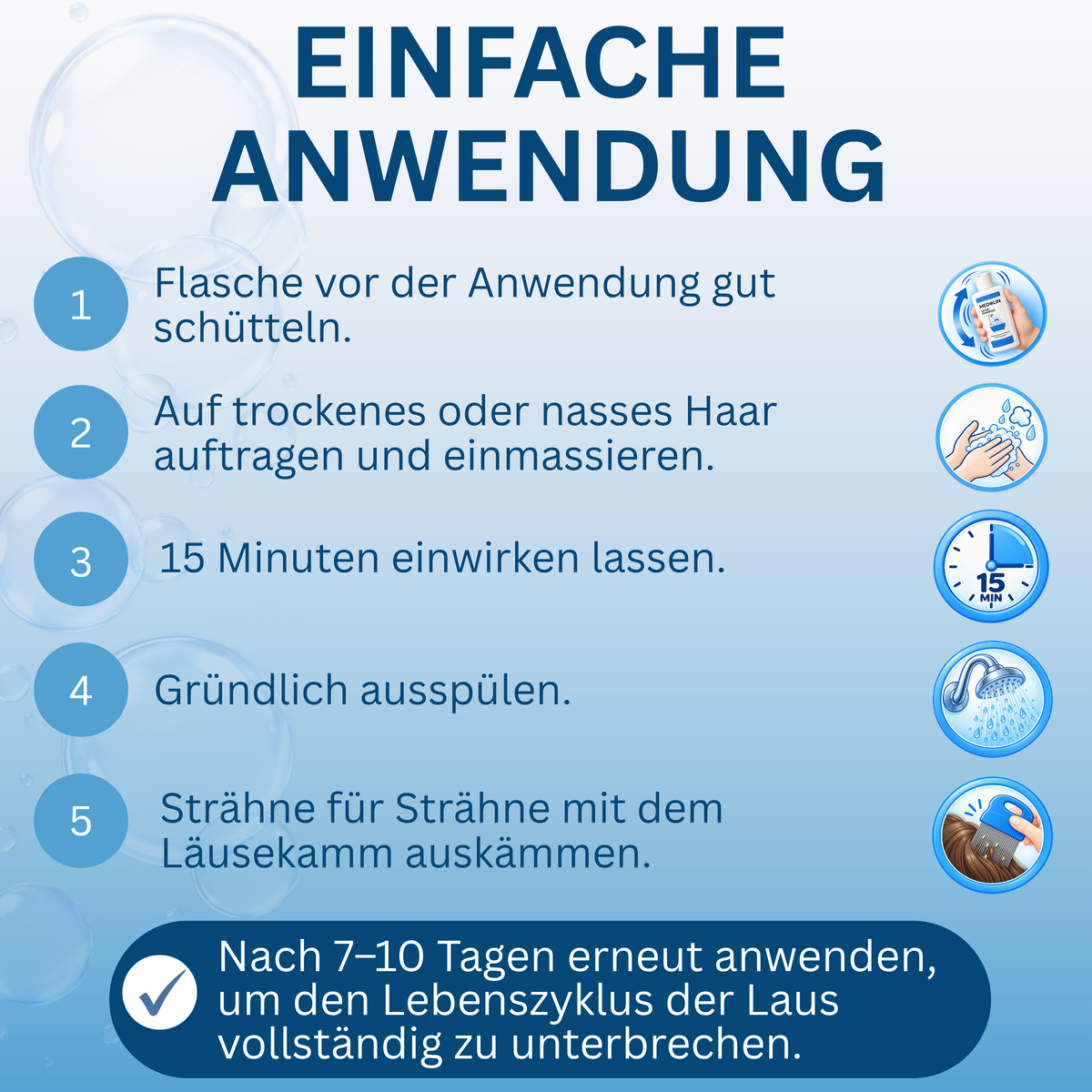Anwendungshinweise zum Gebrauch des Läuseshampoos werden erklärt. 