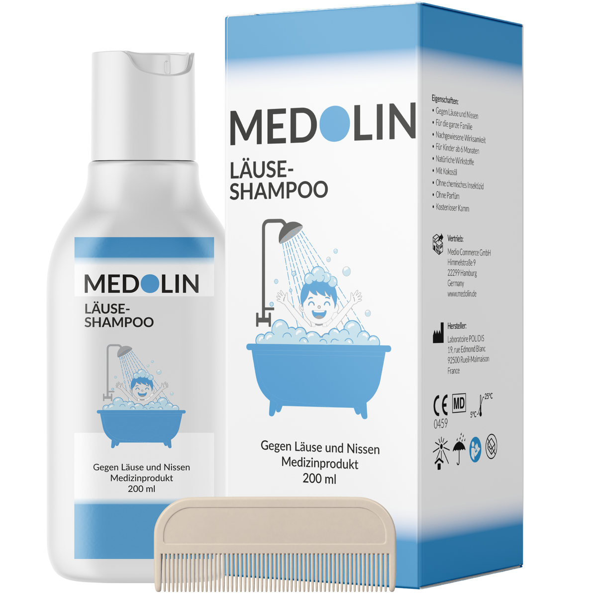 Produktbild des Läuseshampoos inklusivr Kamm.