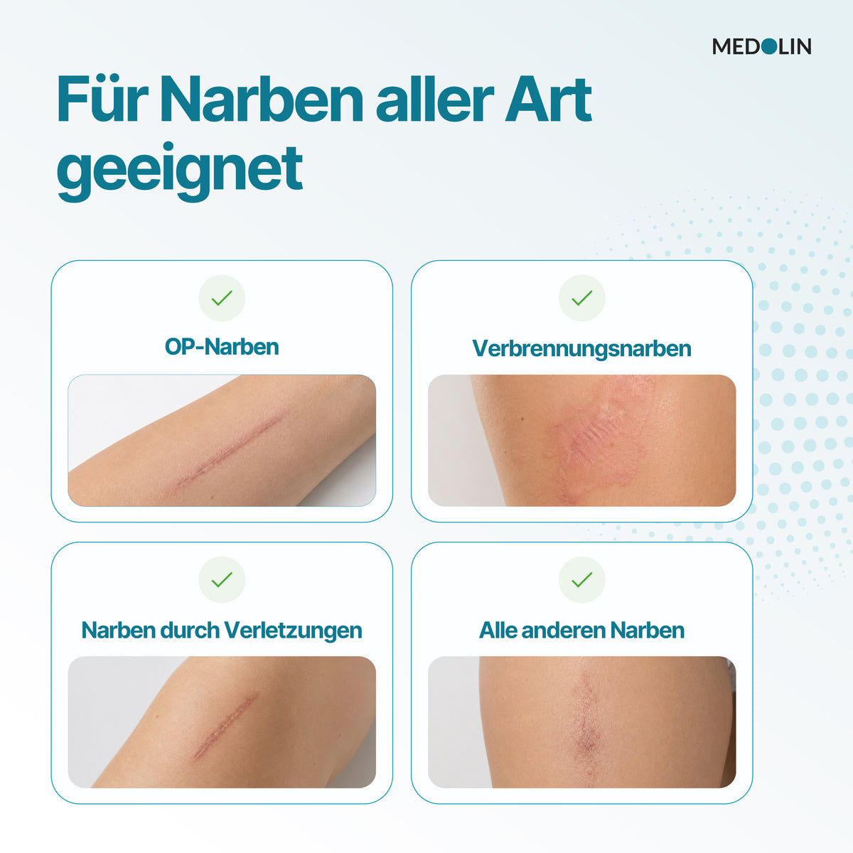 Narben aller Art sind zu sehen.